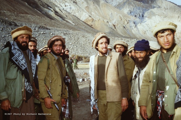 Ahmad Shah Massoud (center right), with Dr. Abdullah (center left) and other key commanders, aides and bodyguards in Northern Afghanistan in 1987. 