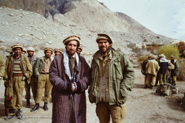Richard Mackenzie, at right, with Ahmad Shah Massoud in Jangal, Afghanistan the day before the Battle of Keran and Minjon in 1987.
