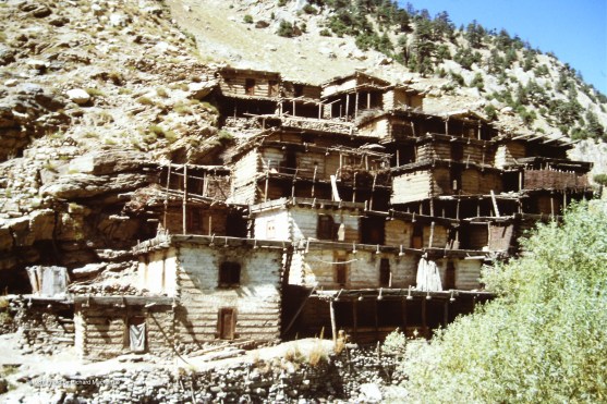 A community of houses in Nuristan -- the upper buildings for people.